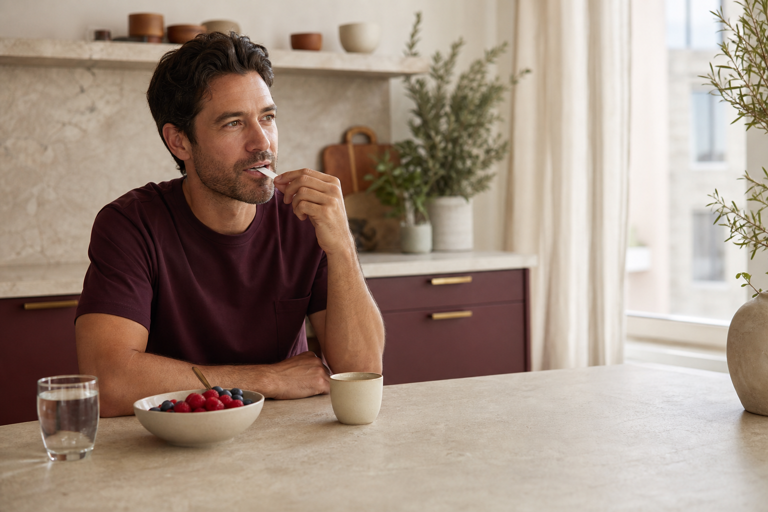 Adult using an oral wellness strip as part of a simple routine